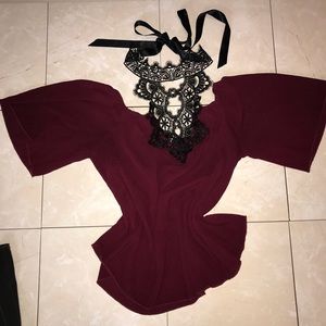 Maroon wine halter lace off the shoulder blouse
